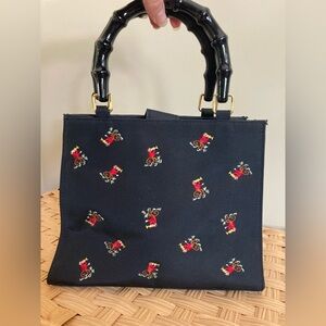 Tiannl Vintage Embroidered Monkey Mini Purse with Bamboo Handles